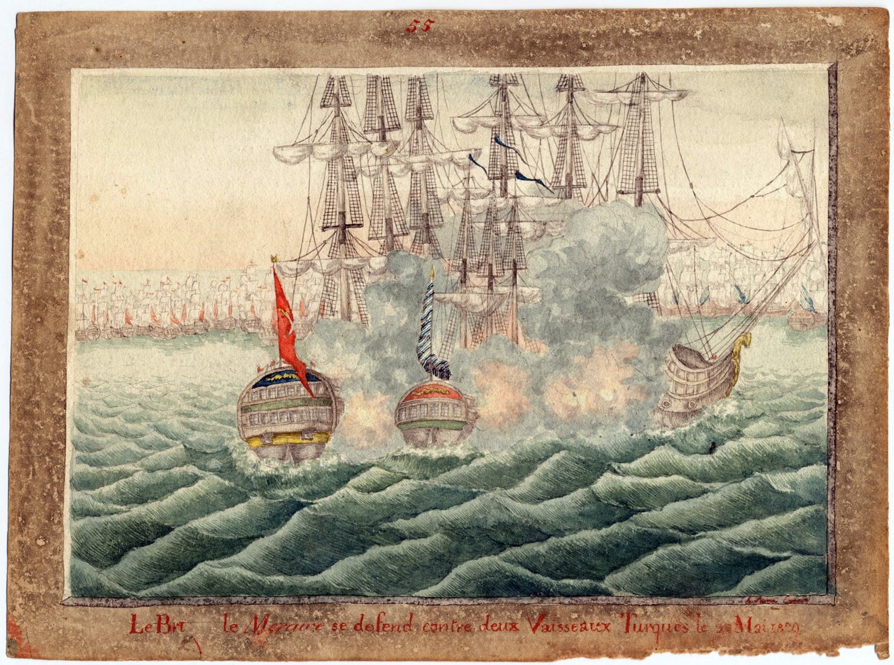 Guerre russo-turque de 1828-1829 - Brig ""Mercury"" taistelee kahta turkkilaista laivaa vastaan 14. toukokuuta tekijältä Anonymous Anonymous