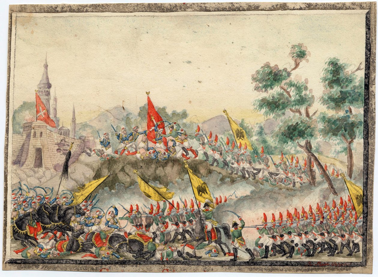 Guerre russo-turque de 1828-1829 - Venäjän armeija valloitti Izmailin (Ismail) linnoituksen vuonna 1790 - Nimetön - 1829 - Akvarelli paperille - 19x26 - Yksityiskokoelma tekijältä Anonymous Anonymous