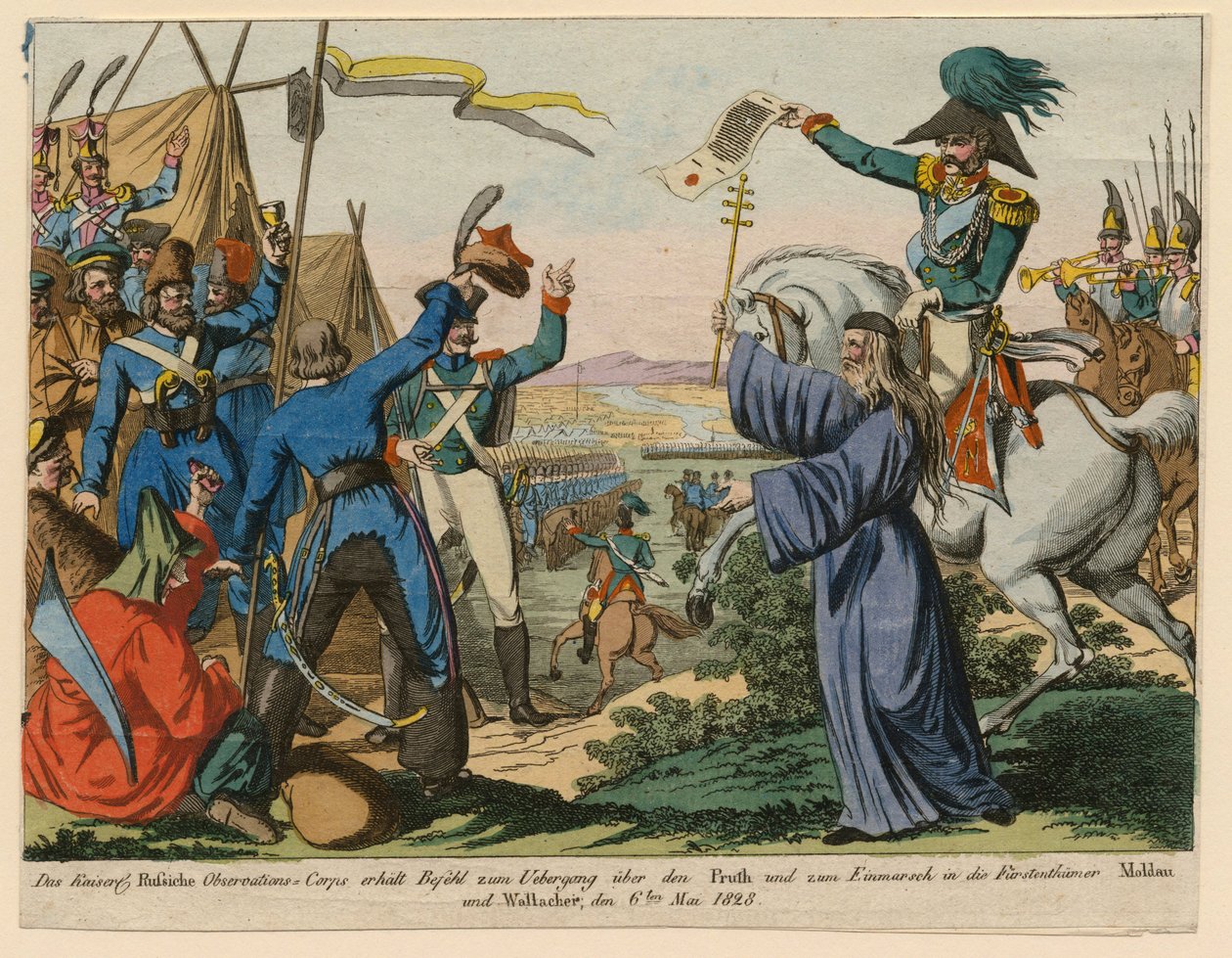 Guerre russo-turque de 1828-1829 - Venäjän tarkkailujoukot vastaanottavat komennon Pruth-joen ylittämiseen 6. toukokuuta tekijältä Anonymous Anonymous
