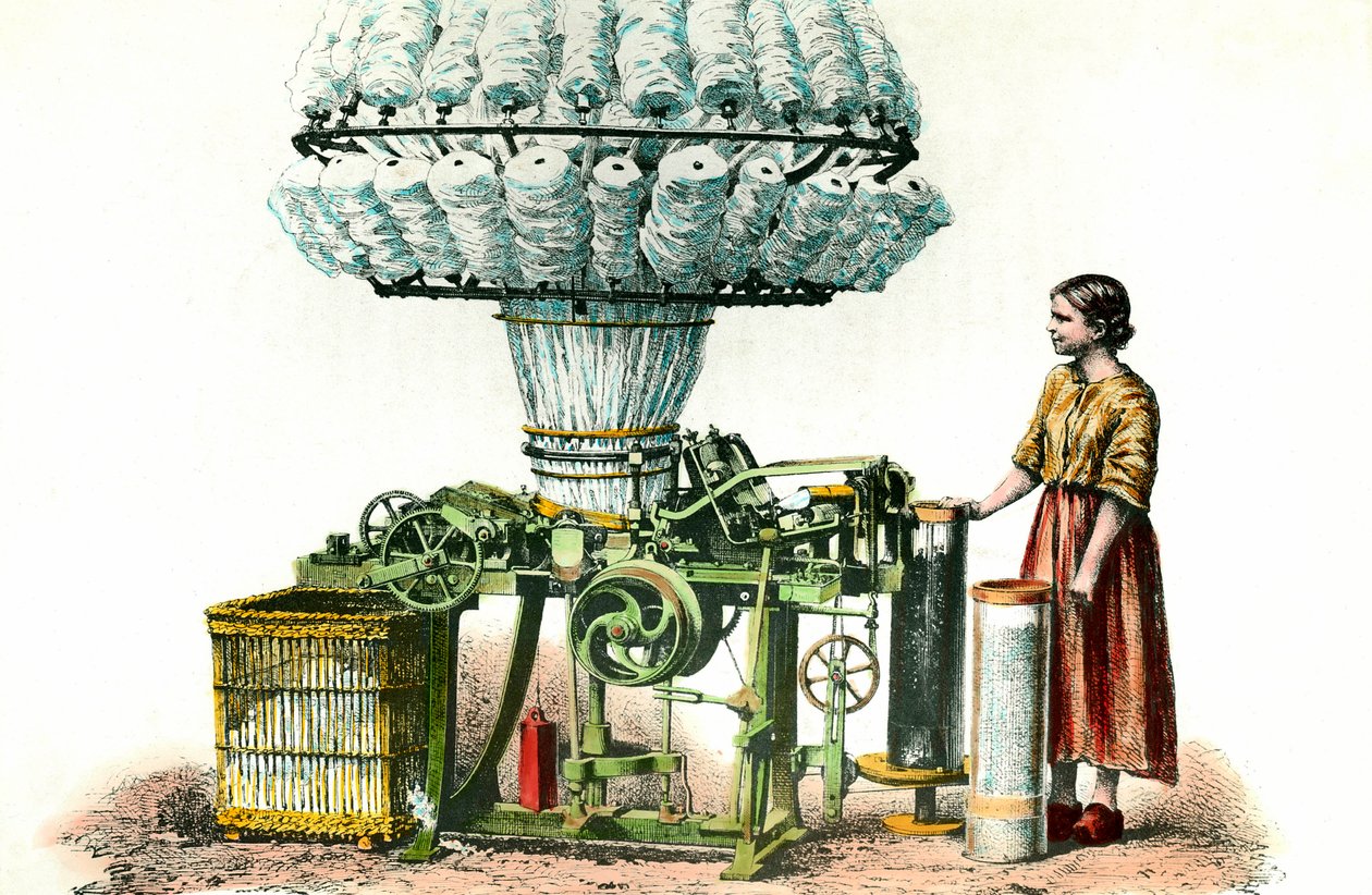 Habner-kampa käytettiin villan kehräämiseen. 1800-luvun kaiverrus yksityinen kokoelma. tekijältä Anonymous Anonymous