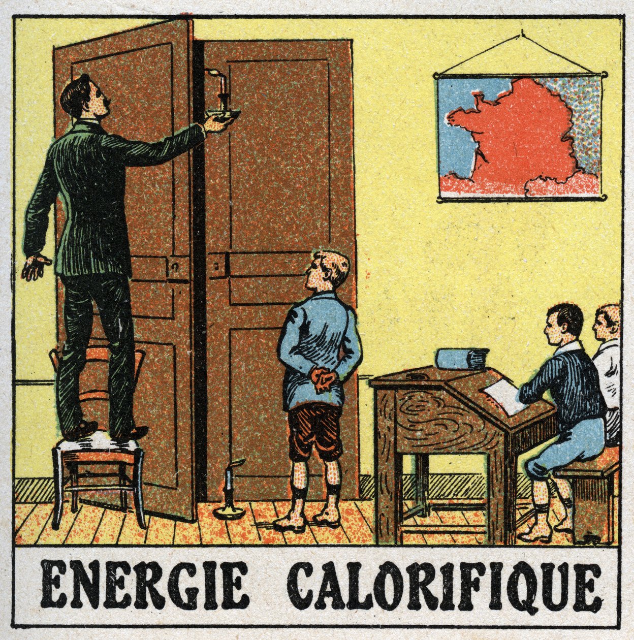 Lämpöenergia: luokkahuoneessa oleva opettaja pitää kynttilää lähellä avointa ovea. Anonyymi kuvitus vuodelta 1925. Yksityiskokoelma. tekijältä Anonymous Anonymous