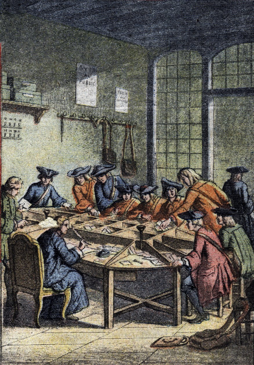 Postin historia: lajitteluhuone Ludvig XV:n vallan alla (1700-luku). Yksityiskohta "" Le petit journal" -julkaisusta 15.4.1920. Yksityinen kokoelma tekijältä Anonymous Anonymous