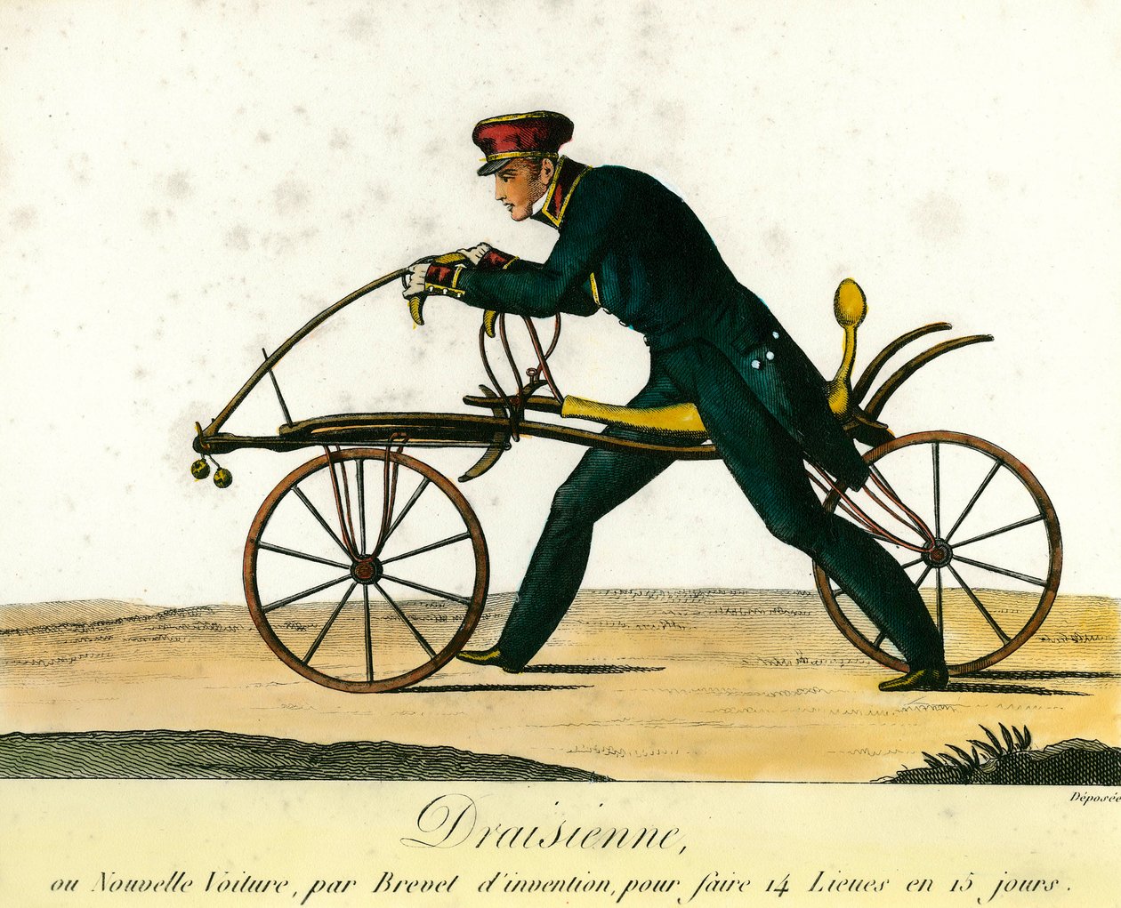 Pyörän historia: draisienne, erittäin suosittu uusi auto noin 1818. Kaiverrus vuodelta 1818. Yksityinen kokoelma tekijältä Anonymous Anonymous