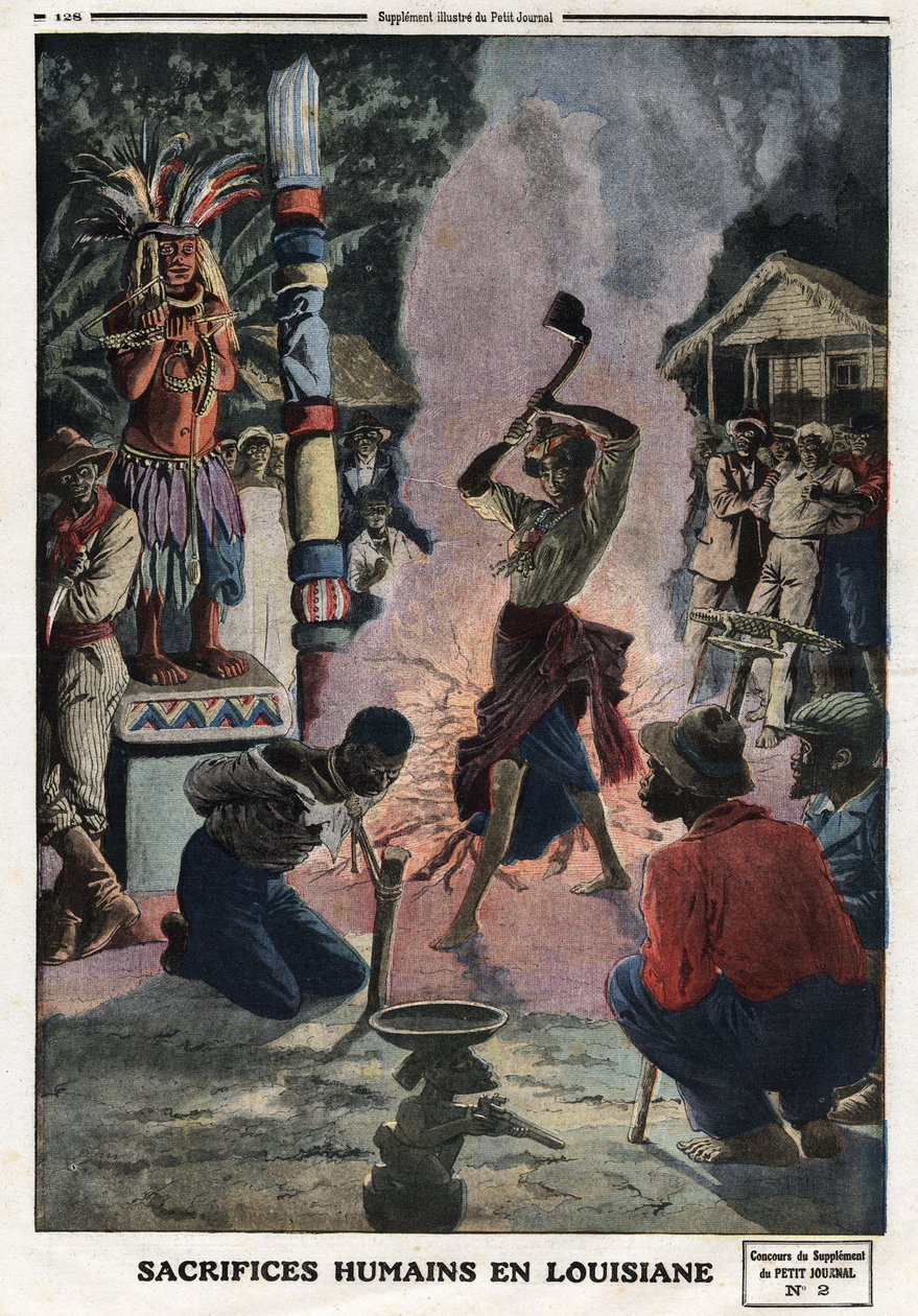 Ihmisuhreja Louisianassa. Kaiverrus "" Le petit Journal" -lehdessä, 21.4.1912. Yksityinen kokoelma. tekijältä Anonymous Anonymous