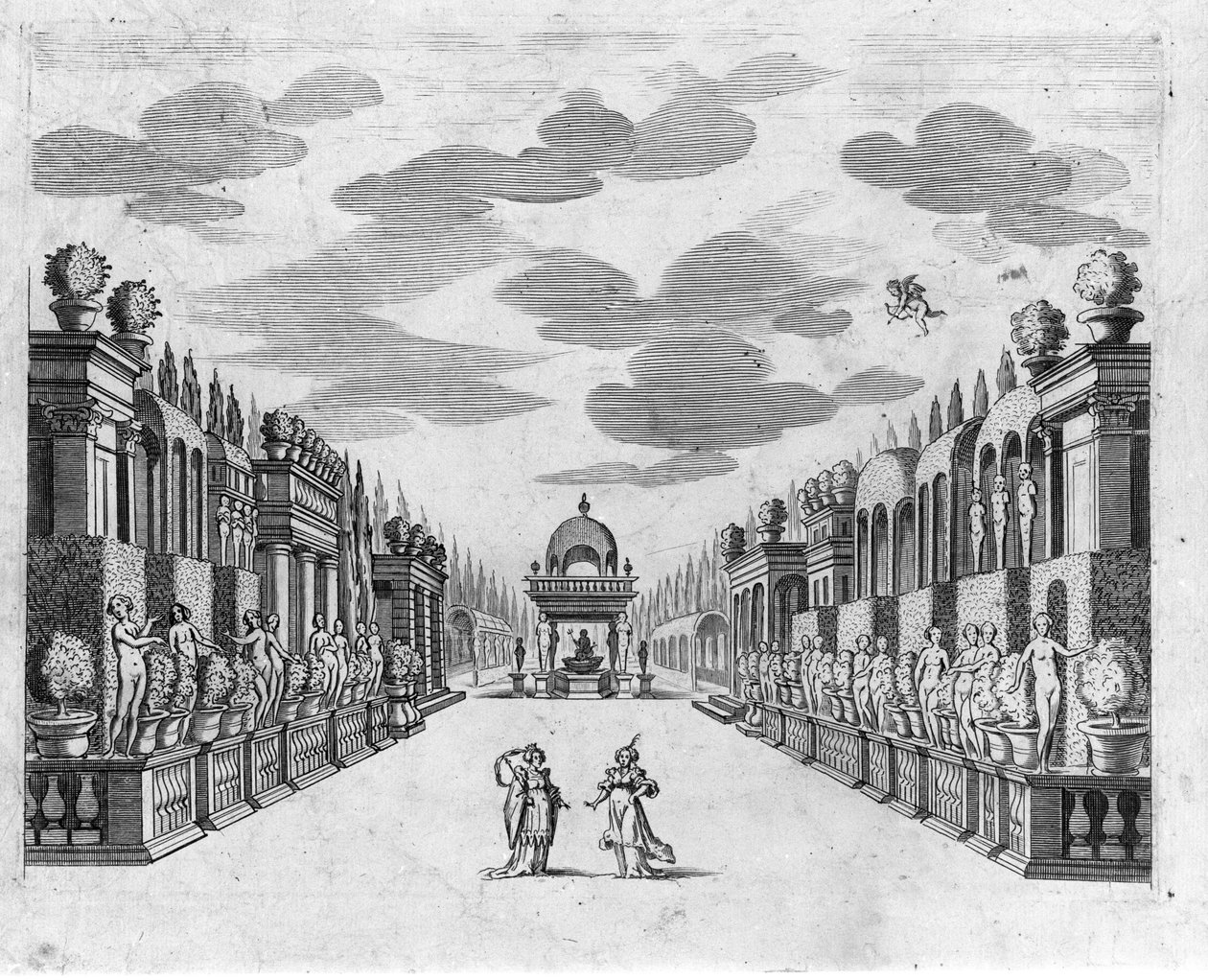 Kuvitus oopperan II näytöksen 4 kohtaukselle 5 näytöksessä "" Bellerofonte" - Francesco Sacrati. Sisustus Jacopo Torelli tekijältä Anonymous Anonymous