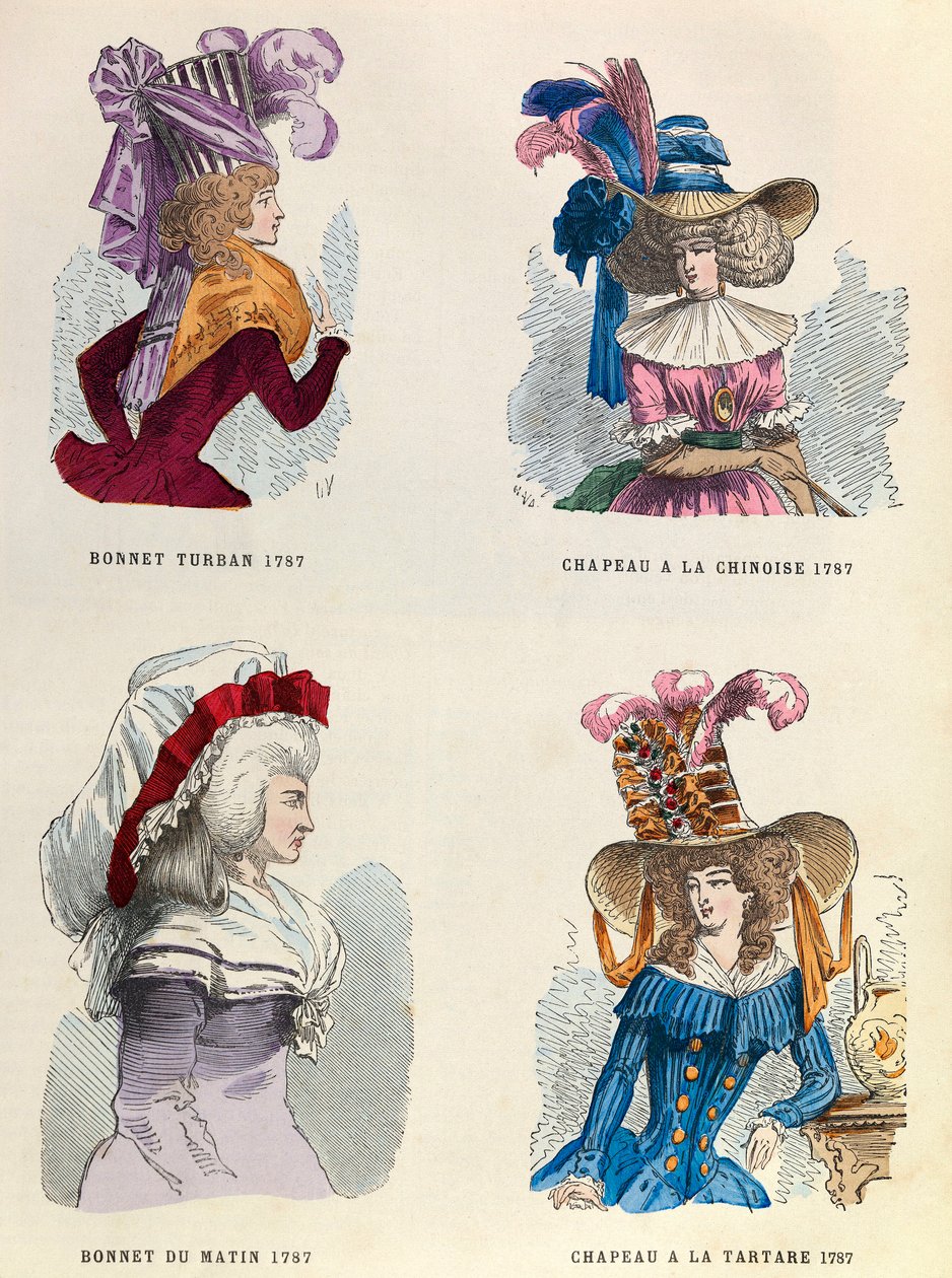 Vuonna 1787 turbaanihattu; aamu hattu; Kiinalainen hattu ja hammaskivihattu - yksityinen kokoelma tekijältä Anonymous Anonymous