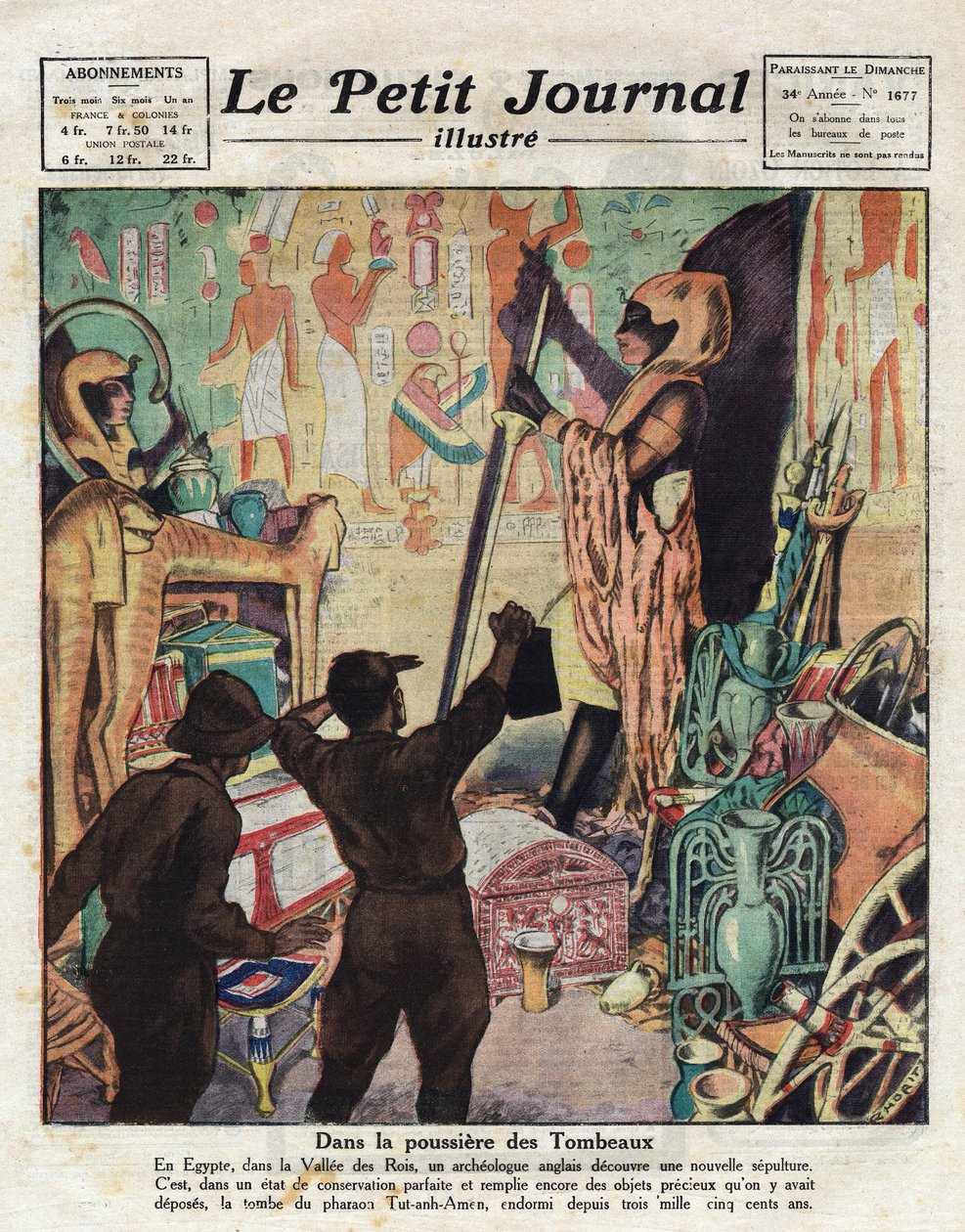 Marraskuussa 1922 englantilainen egyptologi Howard Carter ja lordi Carnarvon menivät ensimmäistä kertaa farao Tutankhamonin hautaan - Kuvitus "Le Petit Journalista" 11.02.1923 (kaiverrus) tekijältä Anonymous Anonymous