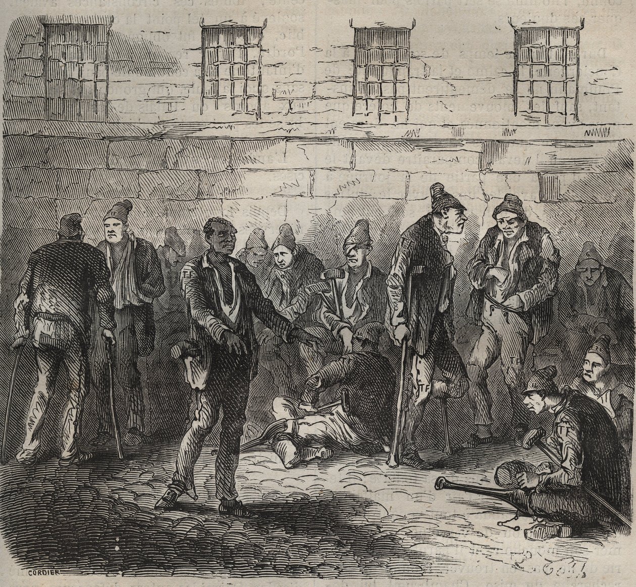 Heikot joukot Toulon Bagnessa 1800-luvulla. Pierre Zacconen (1817-1895) (1817-1895) (Colonia Penale - Penal Colony) kaiverrus kirjaan ”Vangoitujen historia heidän luomisestaan ​​nykypäivään” (1877). Yksityinen kokoelma. tekijältä Anonymous Anonymous