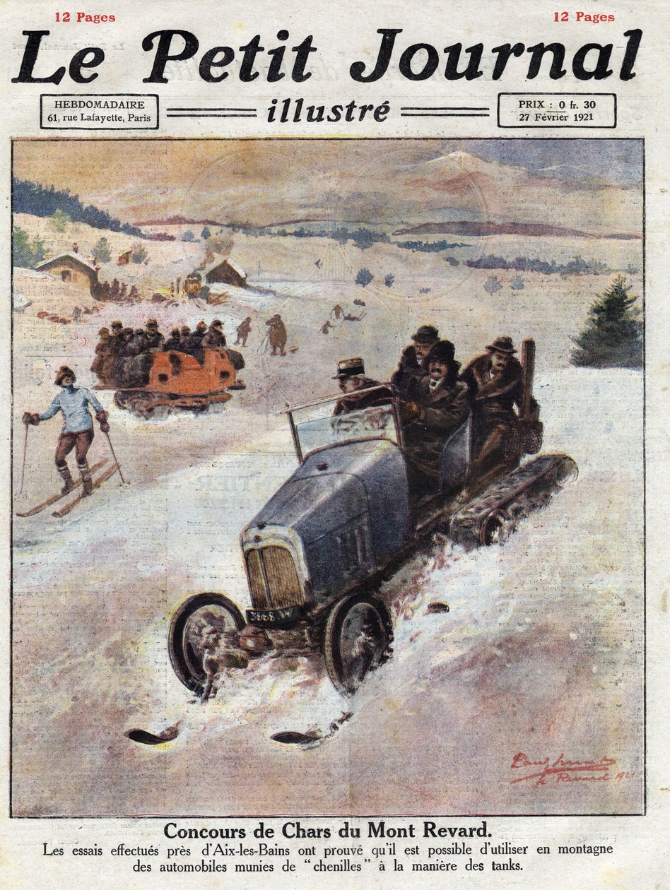 Innovaatioita autoissa vuoristossa, telat on sijoitettu pyöriin välttäen vaurioita. Kuva otettu 27.2.1921 ilmestyneestä "" Le petit Journal" -julkaisusta. Yksityinen kokoelma tekijältä Anonymous Anonymous