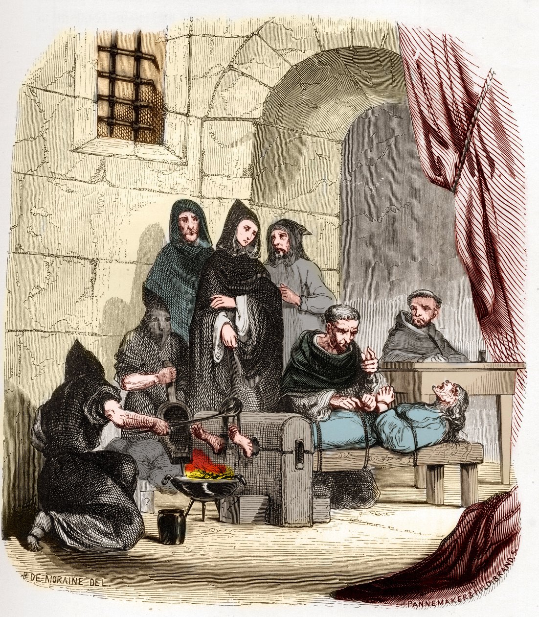 Inkvisitio Espanjassa 1400-luvulla: espanjalainen inkvisiittori (1441/1442-1485) arbueslaisen (1441/1442-1485) Pietari (Pedro), jota syytetään juutalaisuudesta, kiduttaa Burgundin Mariaa (1457-1482): hän polttaa jalkojaan . Kuvitus "" Mysteres of the Inqui tekijältä Anonymous Anonymous