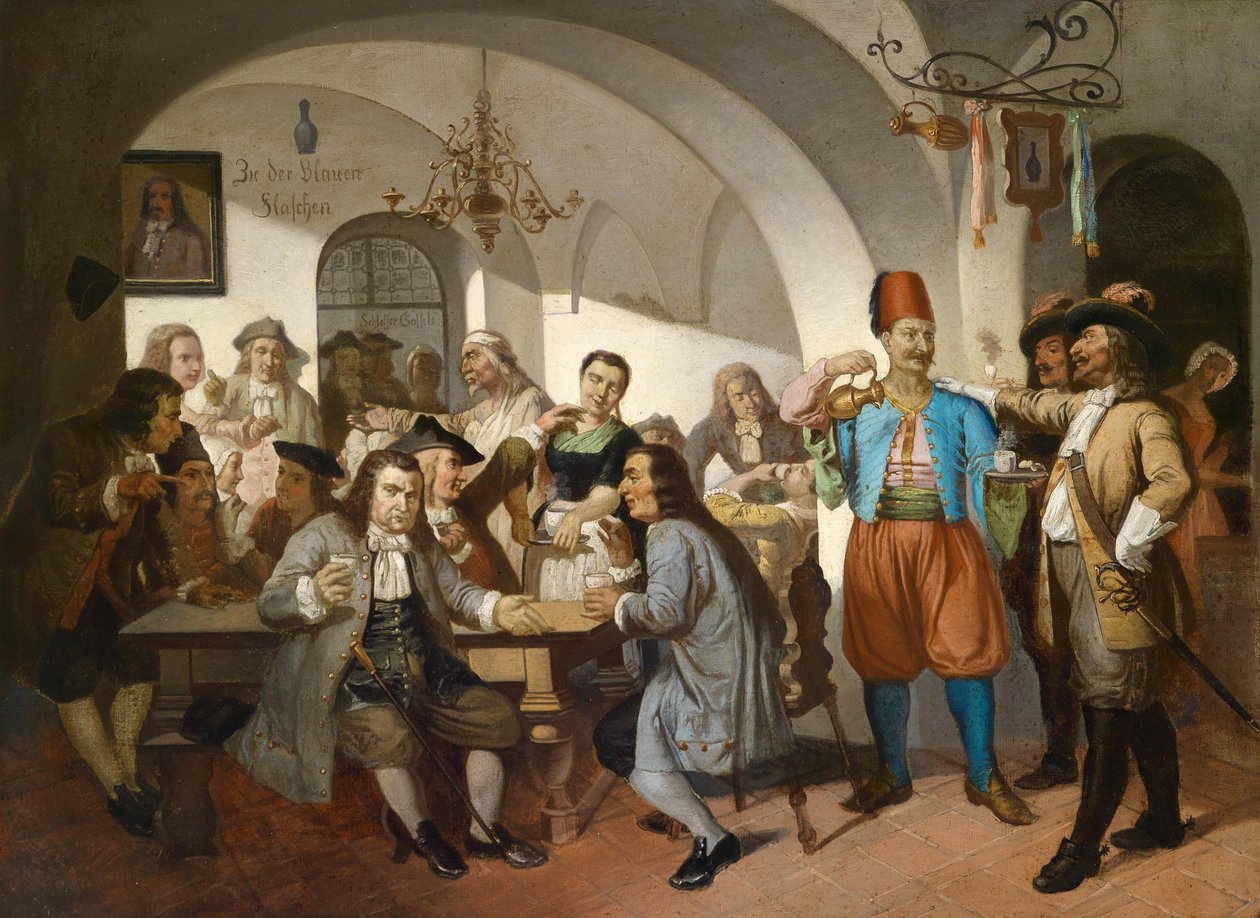""Kahvilan sisustus Wienissä, Itävallassa"" (Old Wienin kahvilakohtaus) Nimetön maalaus noin 1900 Dim 63x100 cm Yksityinen kokoelma tekijältä Anonymous Anonymous