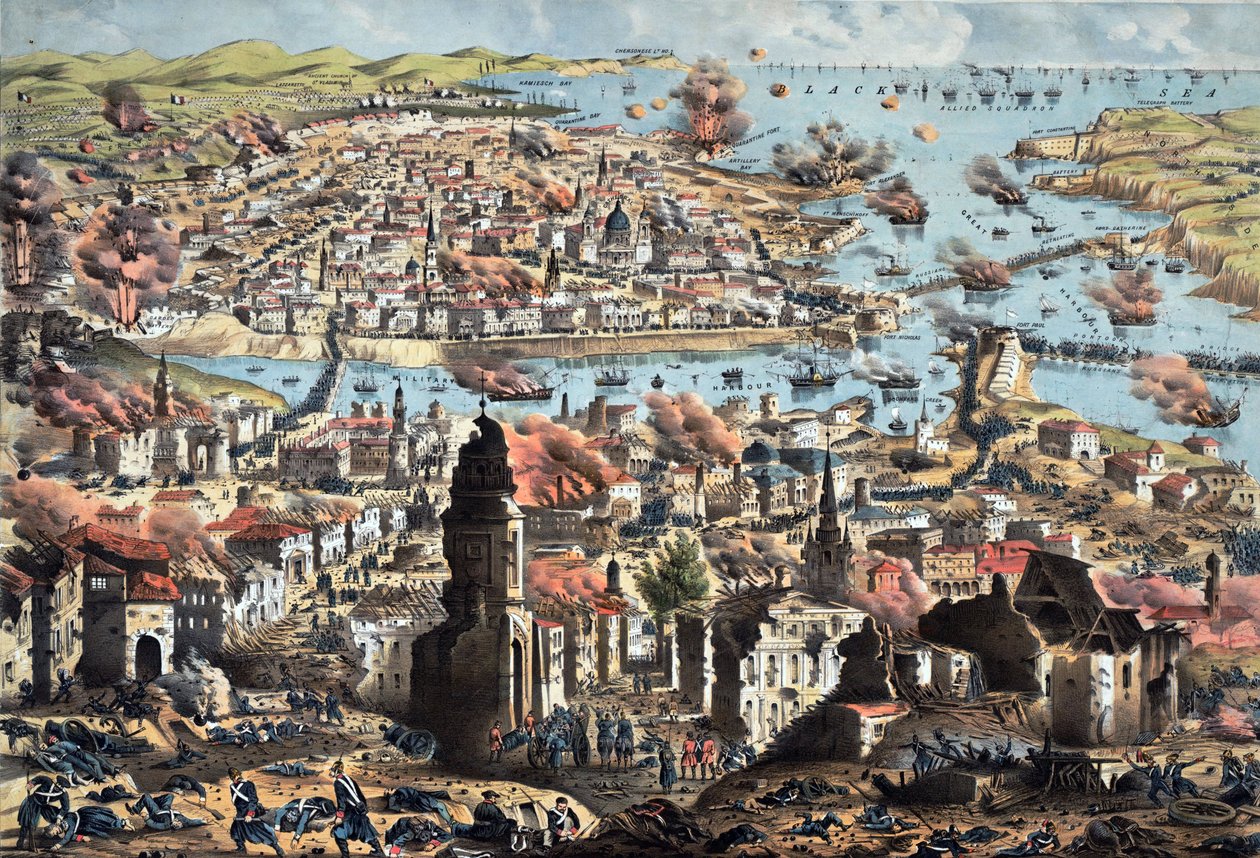 Sevastopolin (Sebastopol) sisustus, venäläisten tuhoaminen, heidän vetäytyminen - Tuntematon tykistöupseeri - 1855 - Värilitografia - 51,3x68,4 - Yksityiskokoelma tekijältä Anonymous Anonymous