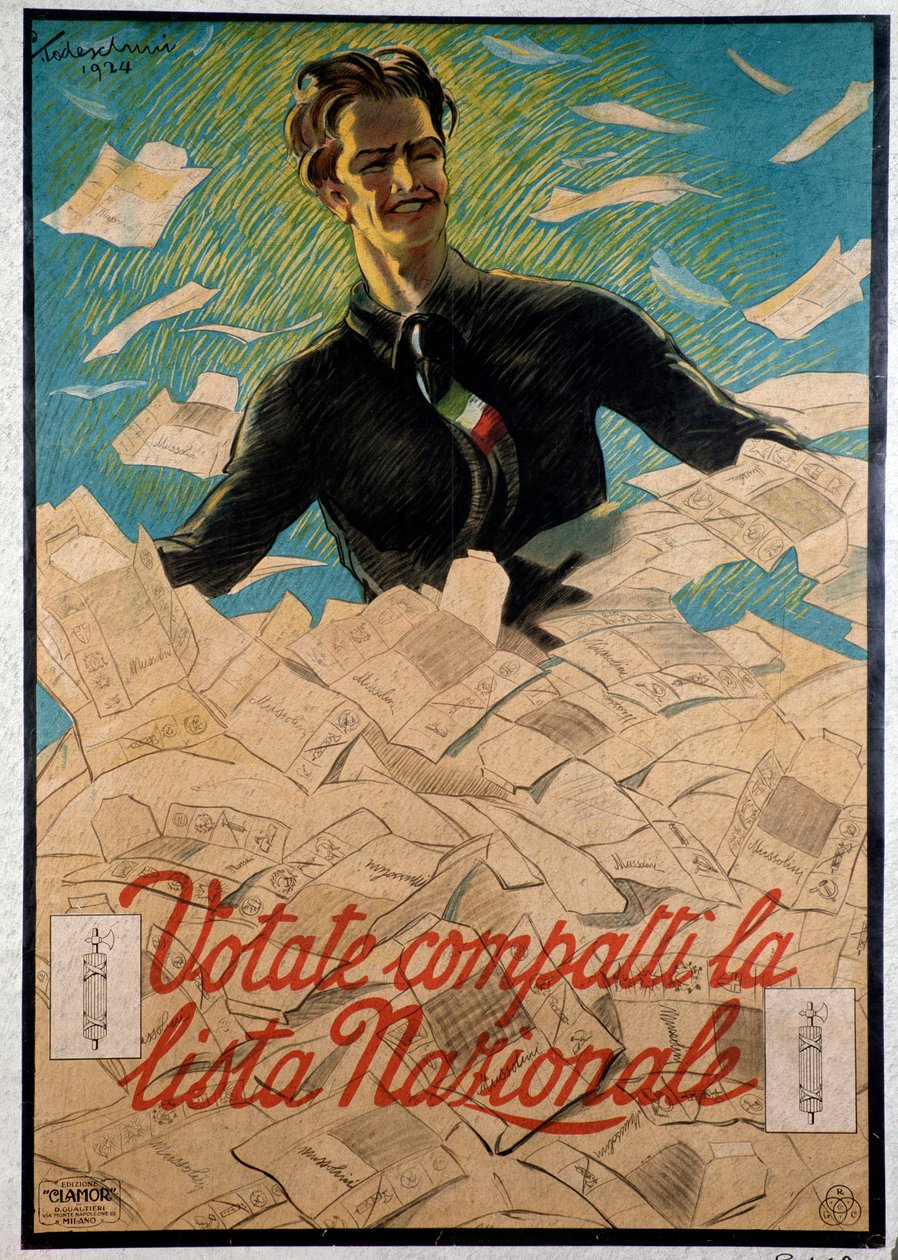 Italialainen propagandajuliste, joka kehottaa italialaisia valitsemaan Benito Mussolinin kansallisen listan tekijältä Anonymous Anonymous