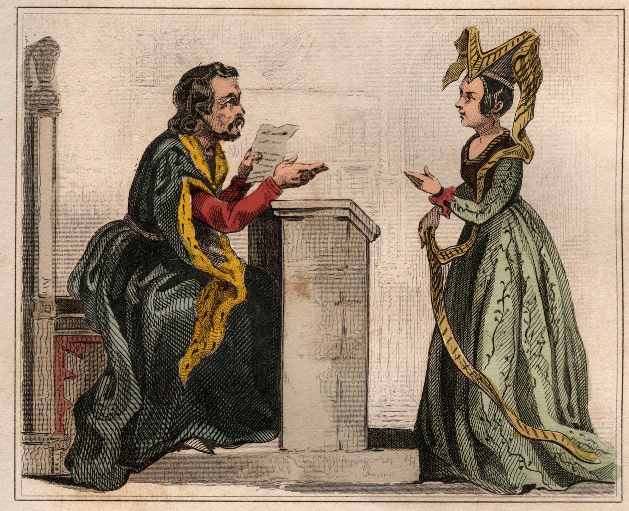 Jehan Pastoret (1328-1405), Pariisin parlamentin presidentti Kaarle V:n hallinnon aikana jalo naisen kanssa liripionissa. Kaiverrus vuodelta 1859 Le Mondessa. Kaikkien kansojen historia kaukaisimmista ajoista nykypäivään." Kirjailija: M. E. de Lostal tekijältä Anonymous Anonymous