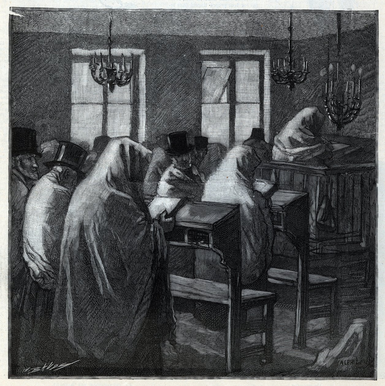 Juutalaiset juhlat: fideles rukouksen aikana oratoriossa lomien aikana. Kaiverrus "Le monde illustree"" vuodelta 1892. Yksityinen kokoelma. tekijältä Anonymous Anonymous
