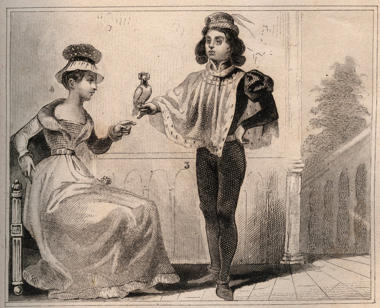 Johannes II Valois, Alenconin herttua (1409-1476) Marie de Fayelin kanssa. Kaiverrus vuodelta 1859 Le Mondessa. Kaikkien kansojen historia kaukaisimmista ajoista nykypäivään." kirjoittanut M. E. de Lostalot-Bachoue (Lostalot Bachoue). Yksityinen kokoelma. tekijältä Anonymous Anonymous