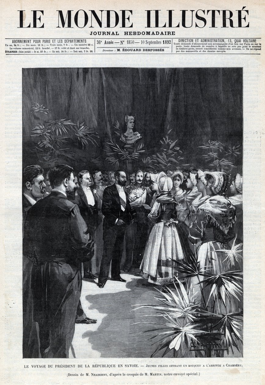 Sadi Carnotin (1837-1894) matka Savojaan: Tasavallan presidentti toivottaa Chamberyyn tervetulleeksi nuoret tytöt tarjoamalla hänelle kukkakimpun. Sanomalehti. Kaiverrus "Le monde illustree" -kirjaan vuodelta 1892. Yksityinen kokoelma. tekijältä Anonymous Anonymous