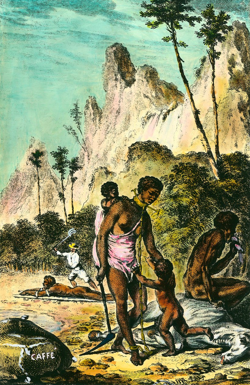 Matka Ile de Francelle (nykyinen Mauritius): orjien työ. Valkoinen hyväksikäytön mestari ruoskii maassa makaavaa orjaa. Nainen käyttää kaulakorua jalkansa kanssa. Kaiverrus 1700-luvulta. Yksityinen kokoelma. tekijältä Anonymous Anonymous