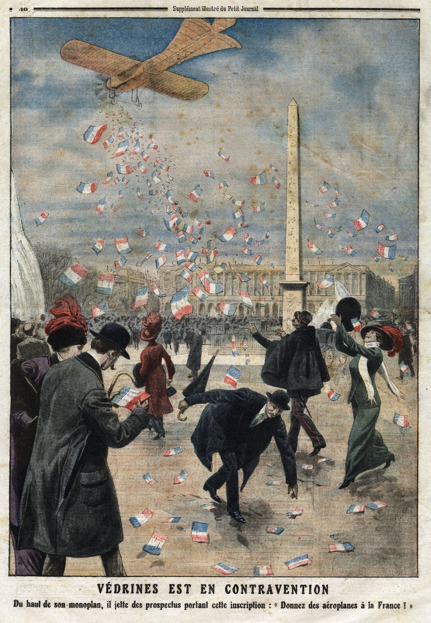 Jules Charles Toussaint Vedrines (1881-1919) on ristiriidassa: hän heittää yksilentokoneensa huipulta lentolehtisiä, joissa on teksti "Anna lentokoneita Ranskalle"" Place de la Concorden yli Pariisissa. Kaiverrus "" Le Petite Journalissa" 2.4.2019 tekijältä Anonymous Anonymous