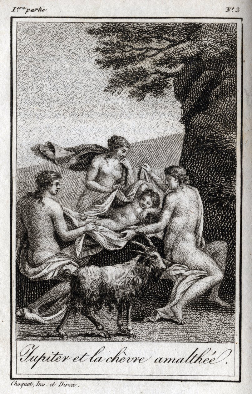 Jupiter-lapsi, jota ruokkii vuohi Amalthee. Kaiverrus vuodelta 1819 Charles Albert Demoustier