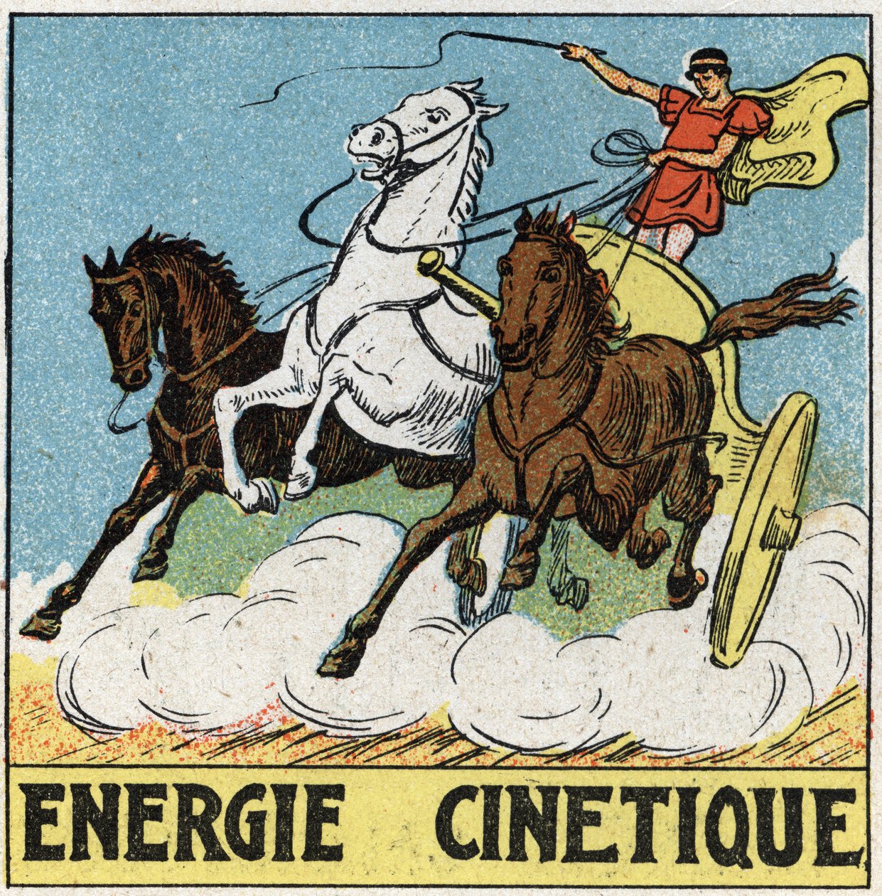 Kineettinen energia: antiikin aikaan aurige ajo tankissa hevosten vetämänä. Anonyymi kuvitus vuodelta 1925. Yksityiskokoelma. tekijältä Anonymous Anonymous