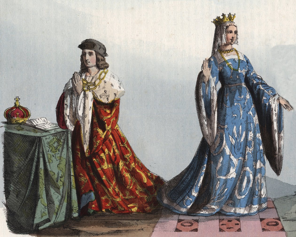 Englannin kuningas Henrik VI ja hänen kuningatar puolisonsa Margaret Anjou - Henrik VI Englannin (1421 - 1471) ja Margarita Anjoulainen (1429 - 1482) - kaiverrus kirjasta "Kaikkeuden kaikkien kansojen tavat ja tavat". Se on hallituksen, lakien, miltäjien h tekijältä Anonymous Anonymous