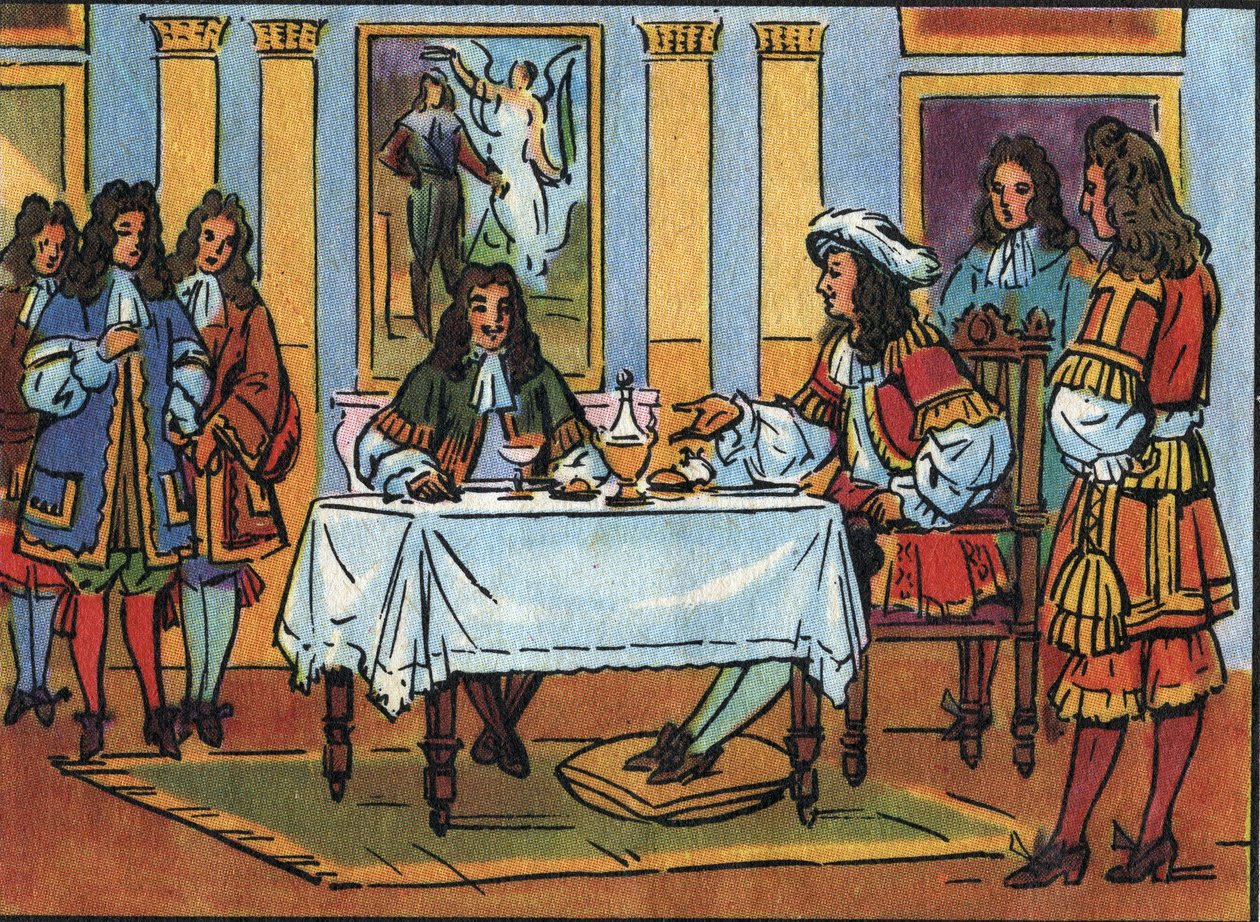 Kuningas Ludvig XIV (1638-1715) otti vastaan koomikko ja näytelmäkirjailija Jean Baptiste Poquelin dit Molieren (1622-1673) aamiaisella Versaillesin linnan hovissa. Anonyymi kuva "" Collection des souverains et chefs d