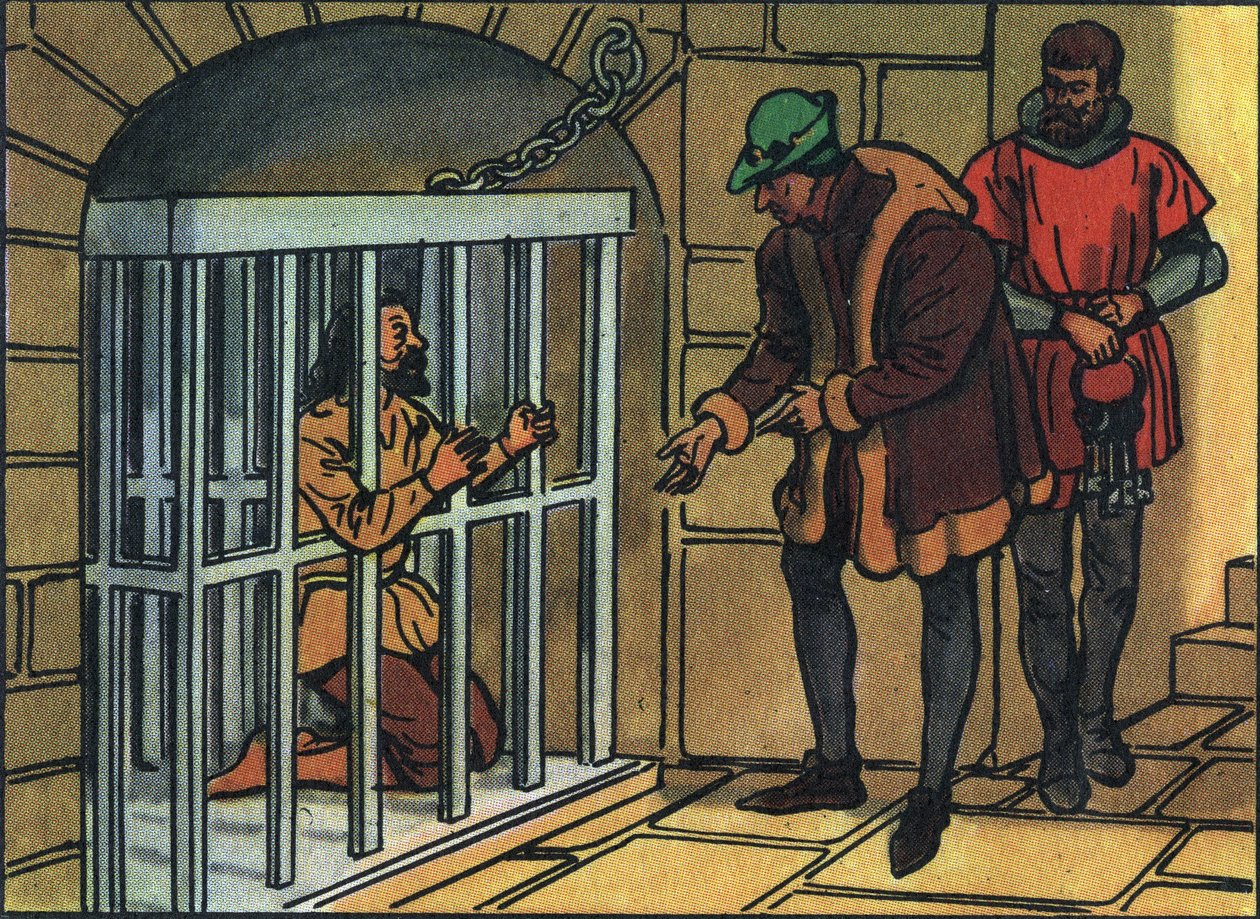 Kuningas Ludvig XI vierailemassa Bastillen vankilan häkeissä. Anonyymi kuva ""Ranskan hallitsijoiden ja valtionpäämiesten kokoelma"". 20. vuosisata. Yksityinen kokoelma. tekijältä Anonymous Anonymous