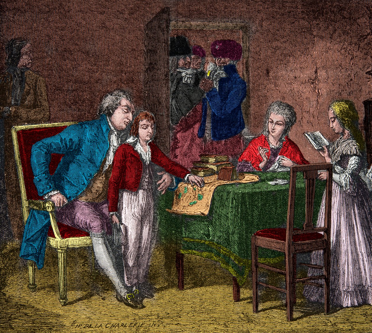 Kuningas Ludvig XVI ja kuninkaallinen perhe pidettiin temppelissä vallankumouksellisten valvonnassa, kaiverrus, yksityinen kokoelma tekijältä Anonymous Anonymous