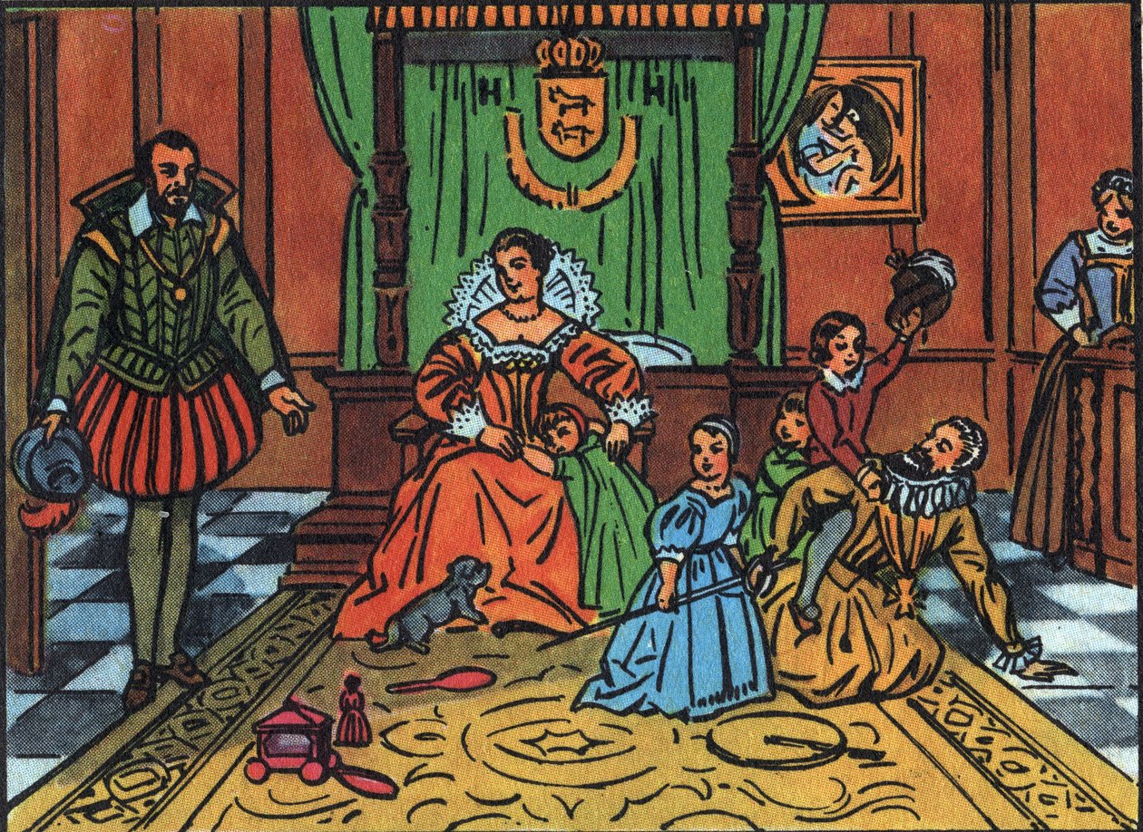 Ranskan kuningas Henrik IV (1553-1610) leikkii lastensa kanssa Espanjan suurlähettilään edessä Keskellä, Mediciksen kuningatar Maria, lapset ovat Ludvig XIII, Ranskan Elisabet, Ranskan Christine ja Nicolas. Anonyymi kuvitus "" Collectiossa tekijältä Anonymous Anonymous