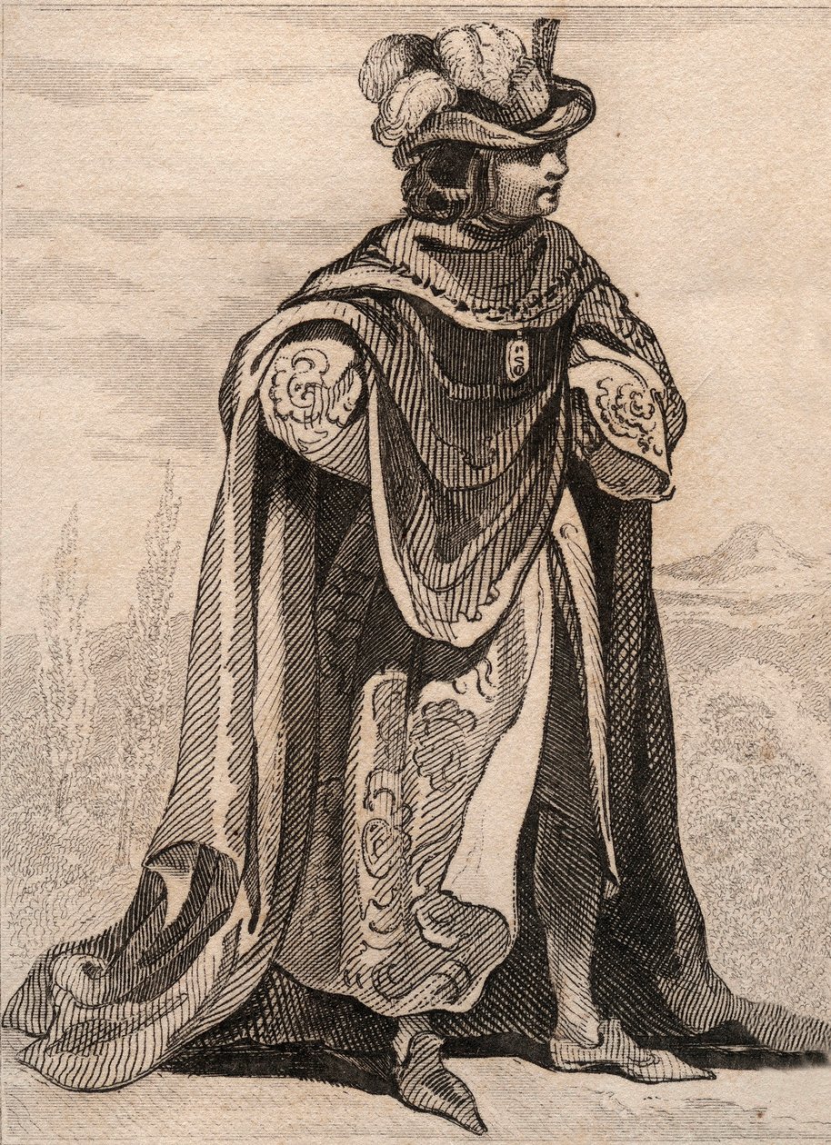 Our Lady of Thistle -ritarikunnan ritari. Kaiverrus vuodelta 1859 Le Mondessa. Kaikkien kansojen historia kaukaisimmista ajoista nykypäivään." kirjoittanut M. E. de Lostalot-Bachoue (Lostalot Bachoue). Yksityinen kokoelma. tekijältä Anonymous Anonymous