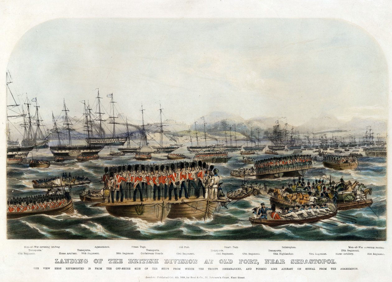 Brittiosaston maihinnousu Old Fortissa, lähellä Sevastopolia - Anonyymi - 1854 - Värilitografia - 29,8x42 - Yksityiskokoelma tekijältä Anonymous Anonymous