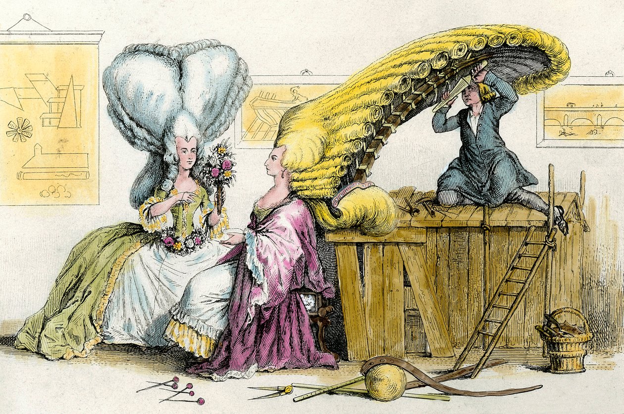 Suuret omalaatuiset kampaukset: nuoret aateliston naiset peruukin tyyliin. Kaiverrus 1788 Yksityiskokoelmasta tekijältä Anonymous Anonymous