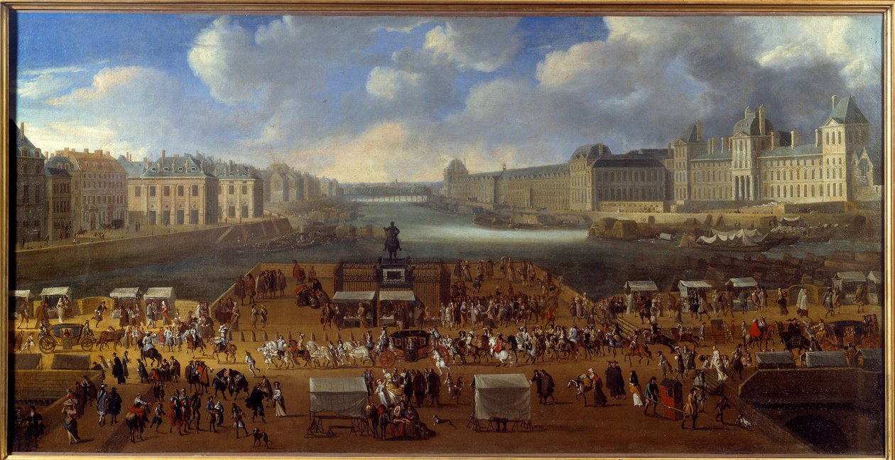 Le Pont Neuf nähtynä Place Dauphine -aukion sisäänkäynnistä, korteesin kulku sillalla vuonna 1669 Anonyymi maalaus. Aurinko. 0,81x1,62 m Pariisi, museo Carnavalet tekijältä Anonymous Anonymous