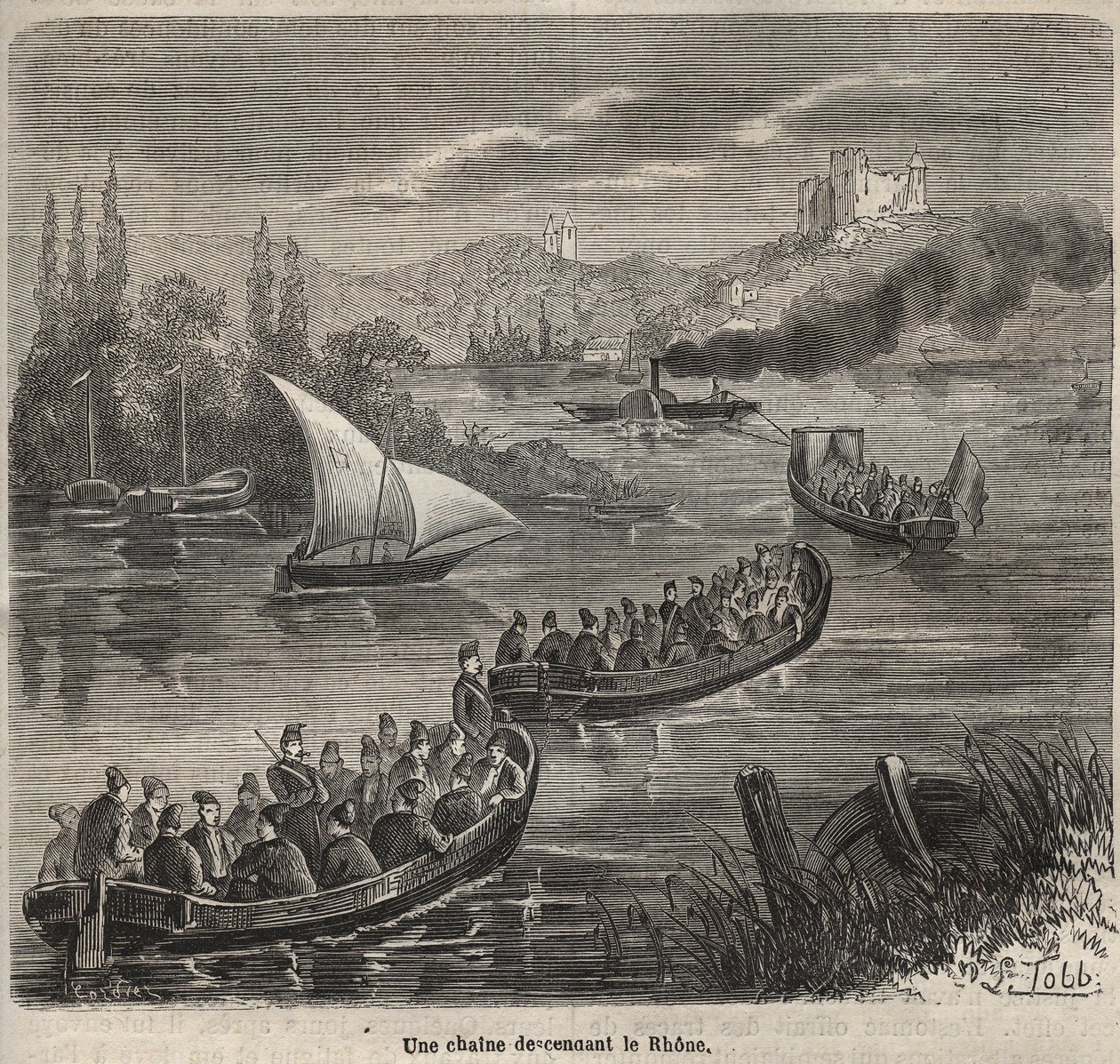 Toulonin vankila - Rhône-joelta laskeutuva ketju - Pierre Zacconen (1817-1895) kaiverrus "Vankiloiden historiasta niiden luomisesta nykypäivään" (1877) (Colonia Penale - Rangaistussiirtokunta) tekijältä Anonymous Anonymous