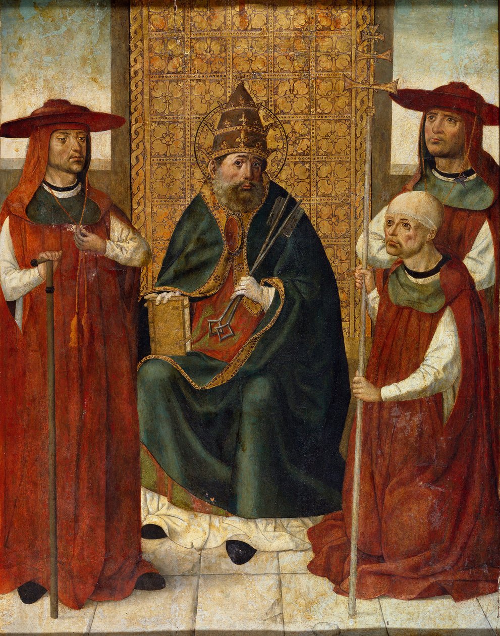 ""Kardinaali Pedro Gonzalez de Mendoza rukoilee Pyhän Pietarin rinnalla" (kardinaali Pedro Gonzalez de Mendoza (1428-1495) rukoilee Pyhän Pietarin edessä) Anonyymi maalaus 1490-1495 Museo del Prado, Madrid tekijältä Anonymous Anonymous