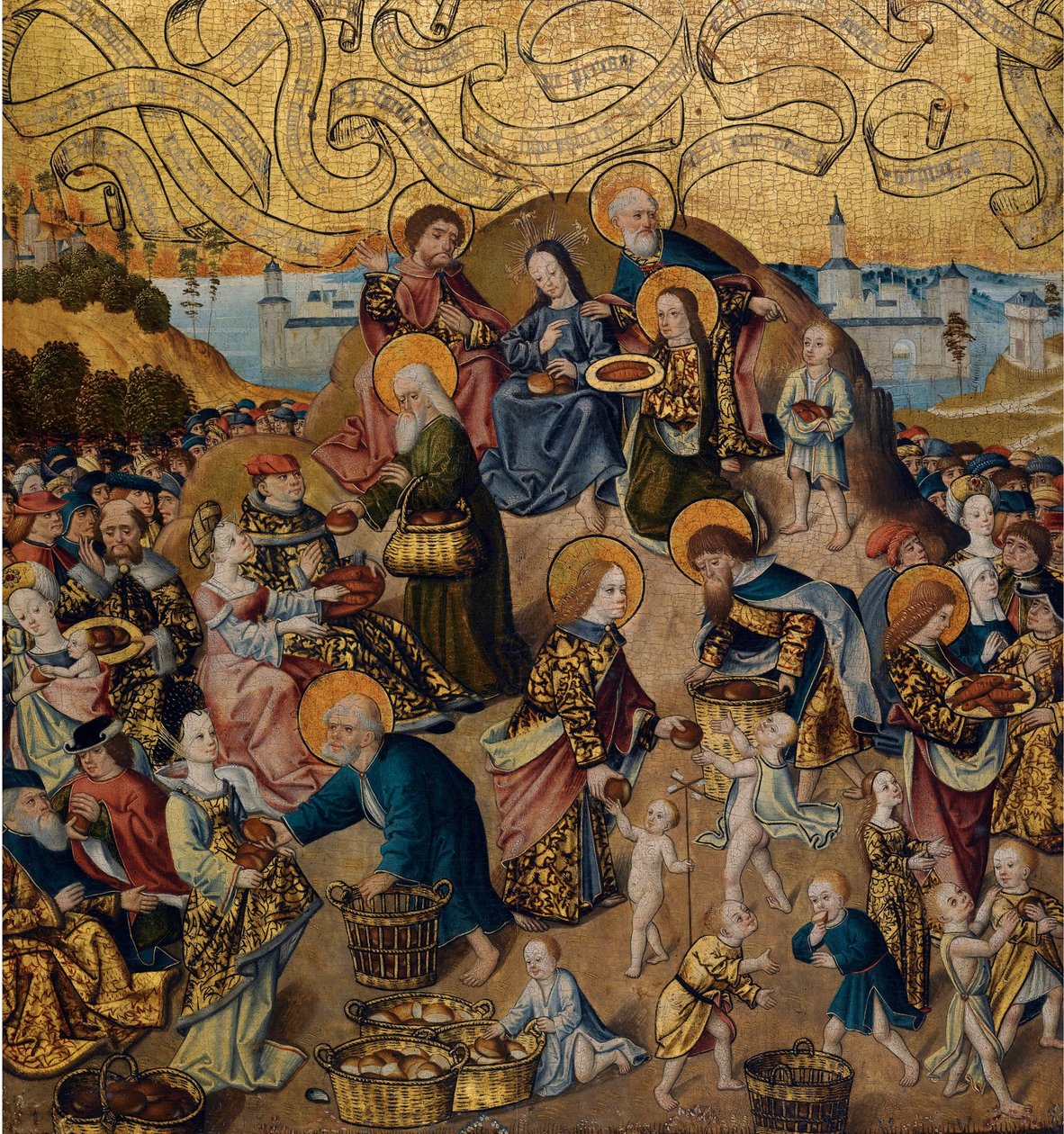 ""Viiden leivän ja kahden kalan ihme"" Anonyymi maalaus puulle, noin 1500 (Anonymous: Viiden leivän ja kahden kalan ihme) c 1500 - Öljy puulle, 68,9x62,7 - Yksityiskokoelma tekijältä Anonymous Anonymous
