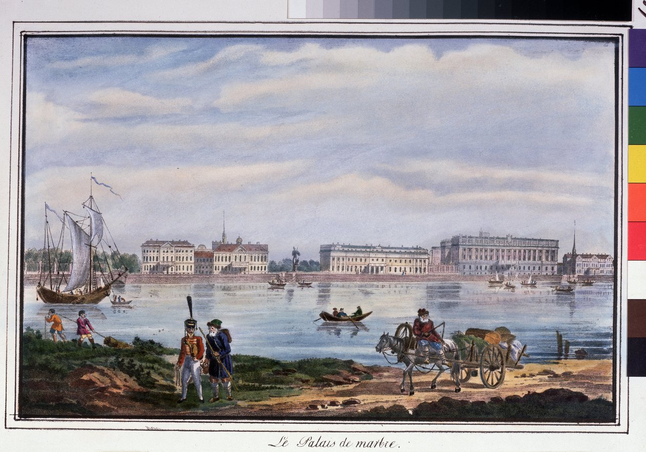 Marmoripalatsi ja Neva-ranta Pietarissa. Nimetön litografia, akvarellivärinen, 22 x 32 cm tekijältä Anonymous Anonymous