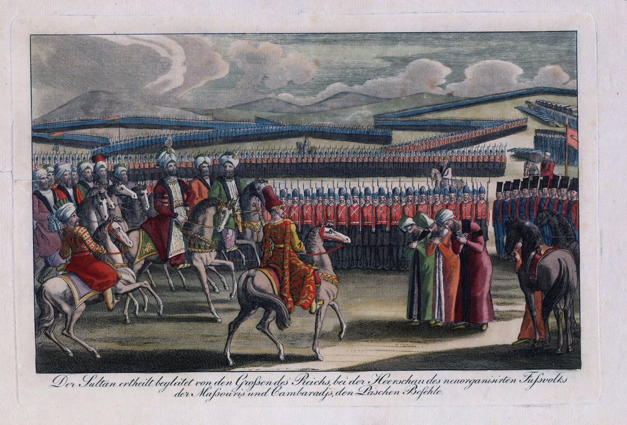 ""Ottomanin sulttaani Selim III (1761-1808) arvioi uutta jalkaväkeään"" Nimetön kaiverrus 1806 Yksityinen kokoelma tekijältä Anonymous Anonymous