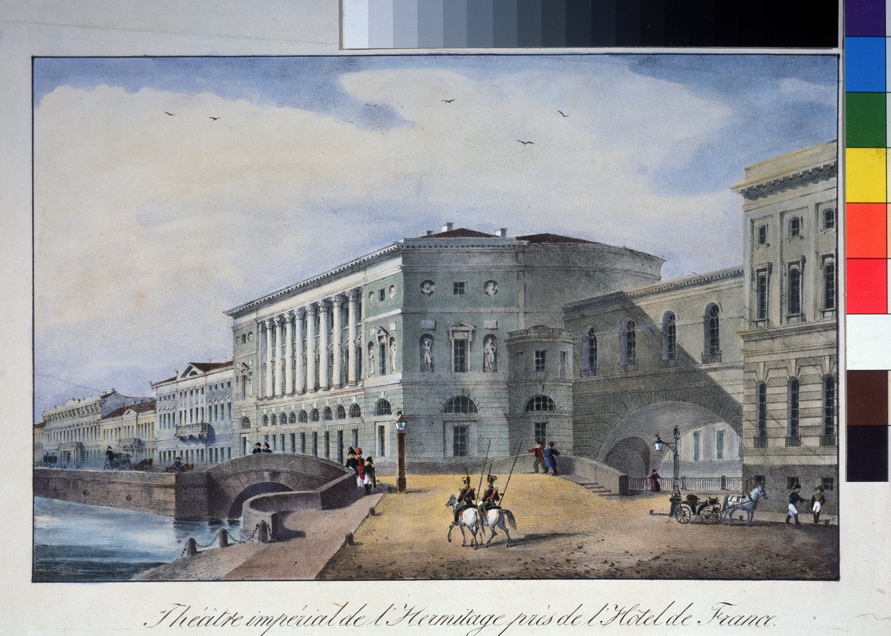 Eremitaaši-teatteri Pietarissa. Nimetön litografia, vesiväreillä, noin 1840. A. Pushkinin muistomuseo, Pietari. tekijältä Anonymous Anonymous