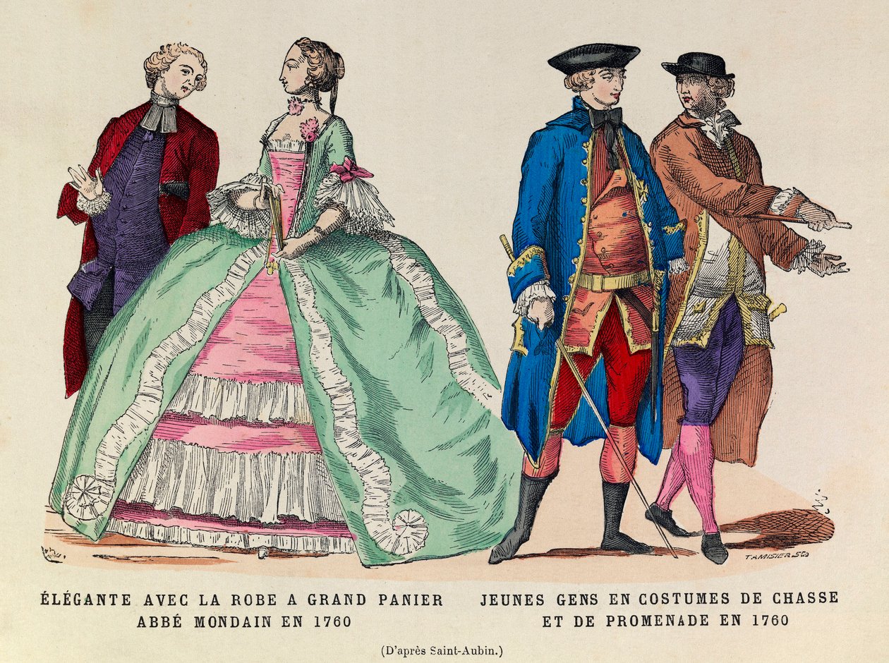 Vasemmalla: Elegantti suurella korimekolla, mondain abbe 1760/oikealla: Nuoret miehet metsästys- ja kävelypuvussa 1760 (kuningas Ludvig XV:n hallitus) - yksityinen kokoelma tekijältä Anonymous Anonymous