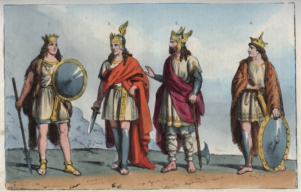Les Merovingiens - Merovingien dynastia - Pharamond tai Faramund (- Chlodio (Clodius, Clodion, Cloio tai Chlogio) (Clodion le Chevelu) (n. 390 - noin 450) - Merovech (Merovee tai Merowig, noin 412-457) ja Clovis (n. 466-511" - kaiverrus "Usi e Costumi di tekijältä Anonymous Anonymous