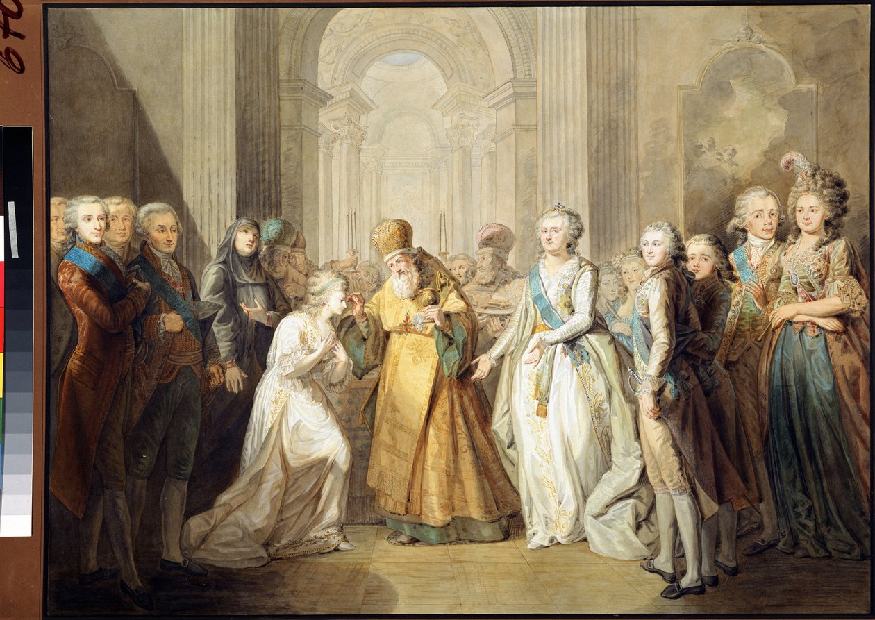 Suurruhtinas Aleksanteri Pavlovitšin (silloin tsaari Aleksanteri I Pavlovitš Romanov (1777-1825) ja Badenin (Badenin) prinsessa Louise Augustan (silloin keisarinna Elisabeth Alekseijevna (Elizabeth Alekseievna) kihlas tekijältä Anonymous Anonymous