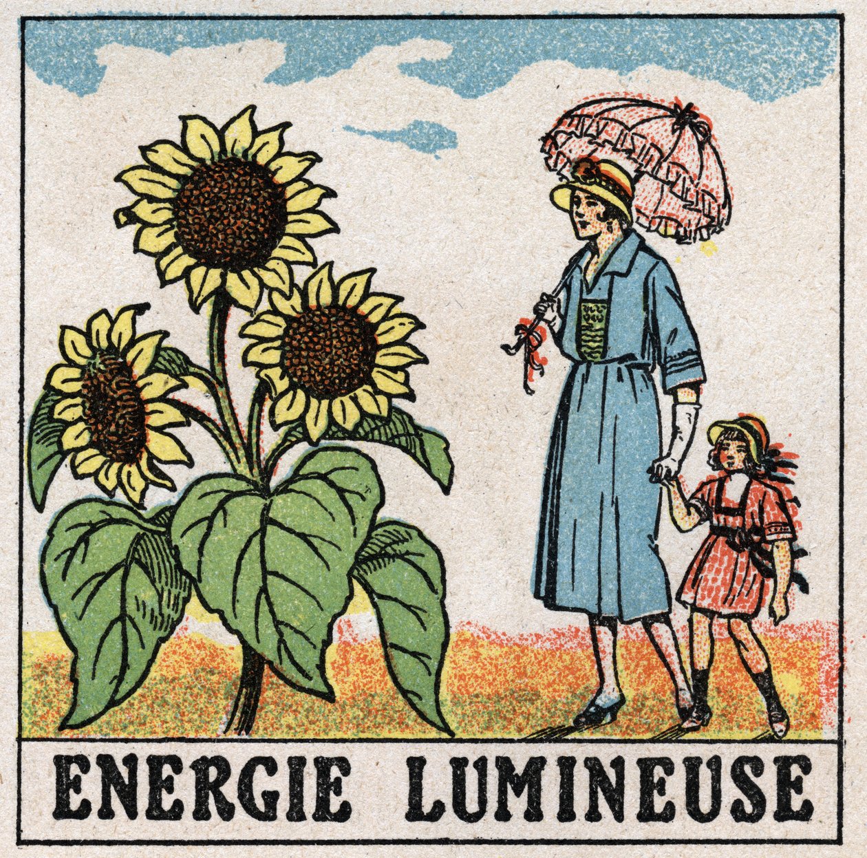 Valoenergia: auringonvalo vaikuttaa auringonkukkaan. Anonyymi kuvitus vuodelta 1925. Yksityiskokoelma. tekijältä Anonymous Anonymous