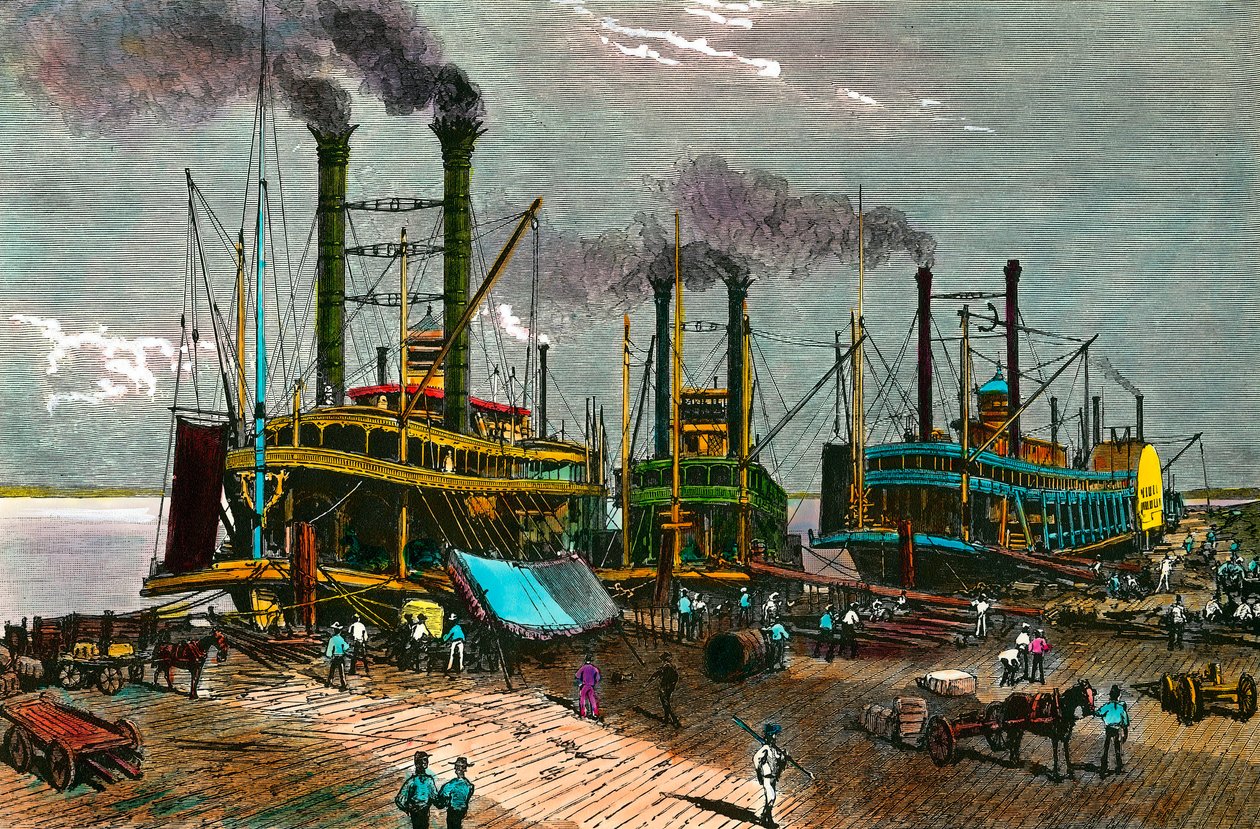 Ladataan puuvillaa höyrylaivoille Mississippillä New Orleansiin (New Orleans). Kaiverrus 1800-luvulta. Yksityinen kokoelma tekijältä Anonymous Anonymous