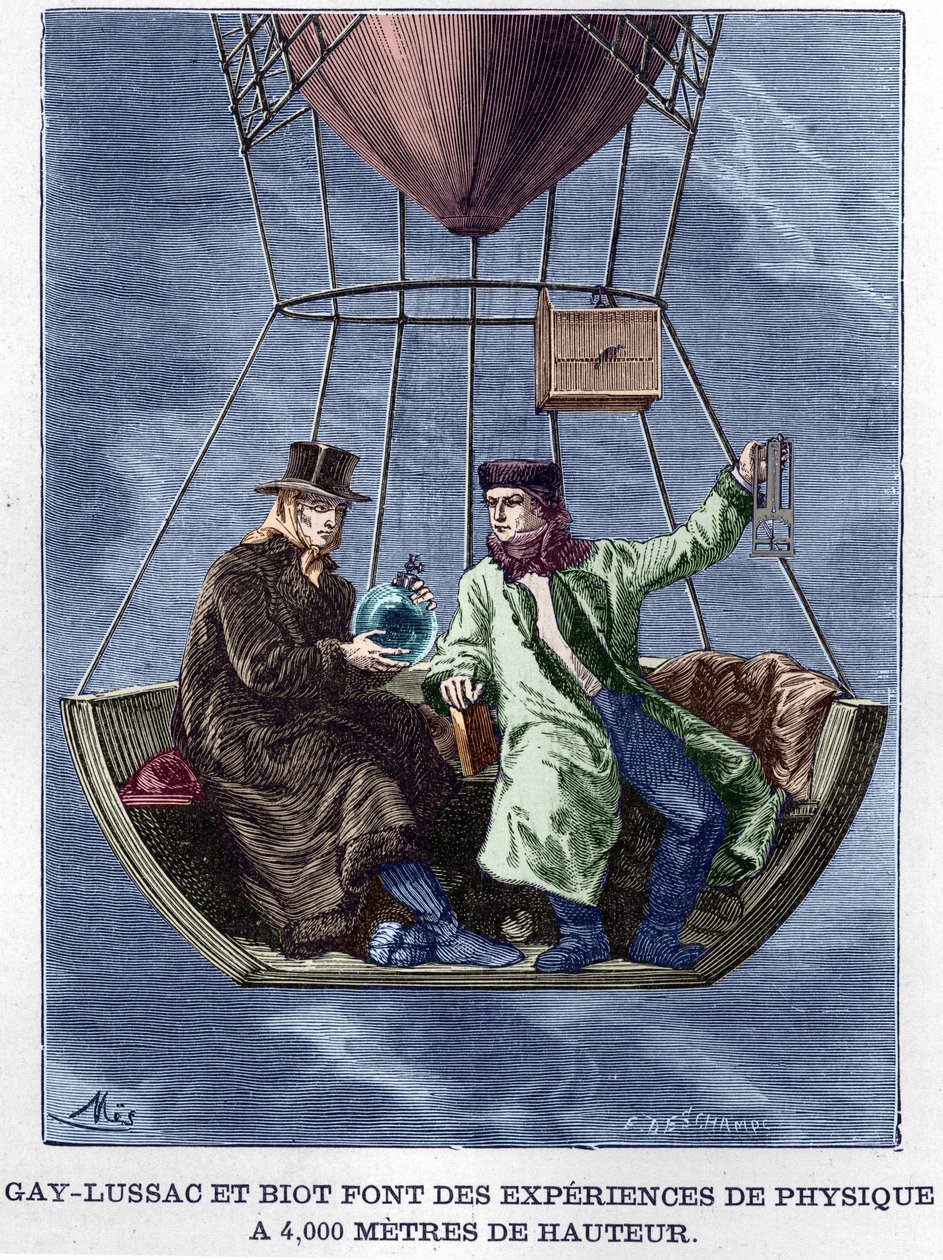 Louis-Joseph Gay-Lussac (Louis Joseph Gay Lussac) ja Biot tekevät fysiikan kokeita 4000 metrin korkeudessa - Album de la Science; maineikkaat tiedemiehet; Suuria löytöjä””” 1896. tekijältä Anonymous Anonymous