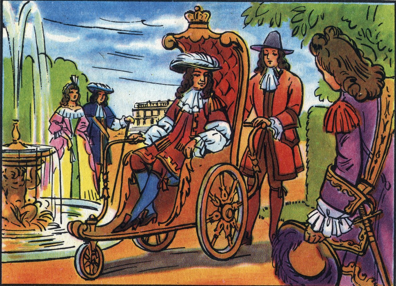 Ludvig XIV:llä on kävelykatu, Ranskan kuningas Ludvig XIV (1638-1715), istuu pyörätuolissa ja kävelee Versailles