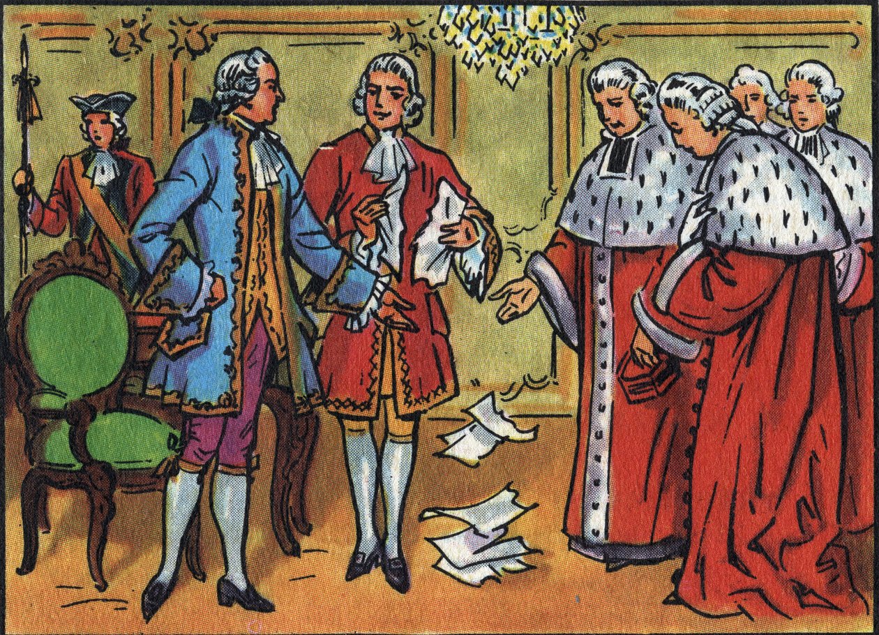 Ludvig XV (1710-1774), Ranskan kuningas, murtaa parlamentin päätökset. Anonyymi kuva ""Ranskan hallitsijoiden ja valtionpäämiesten kokoelma"". 20. vuosisata. Yksityinen kokoelma. tekijältä Anonymous Anonymous