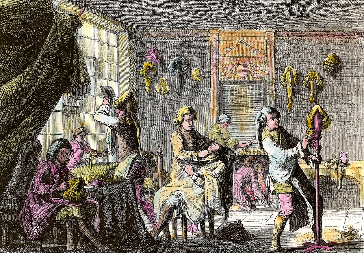 Ludvig XV:n muoti: näkymä peruukkikampaajan sisätiloihin. Kaiverrus noin 1755. Yksityinen kokoelma tekijältä Anonymous Anonymous