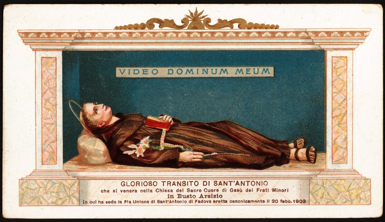 Pyhän Anthony Padovalaisen (san antonio di padova) valhe tulee Busto Arsizion alaveljien Jeesuksen pyhän sydämen kirkkoon. Näemme pyhimyksen "Video Dominum meum" (Näen Herrani) viimeiset sanat latinaksi. Hurska kuva. 20 vuosisataa tekijältä Anonymous Anonymous